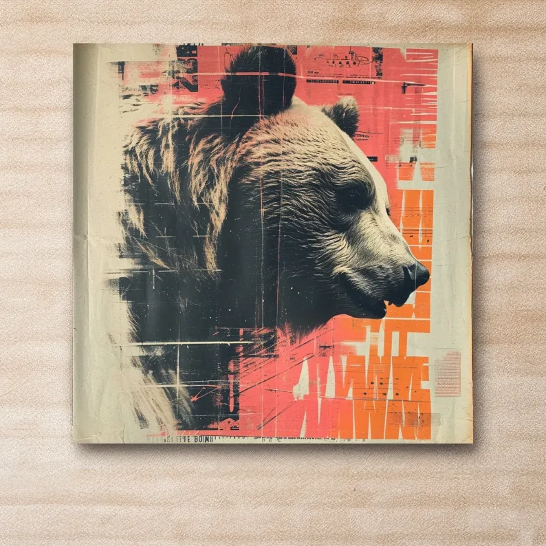 Grizzly bear artwork, magazine collage style art illustration