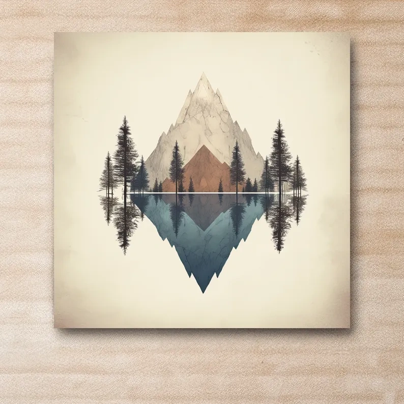 Minimal mountain art, reflections in the lake