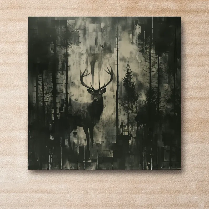 Abstract painting, deer hidden in the forest, dark artwork