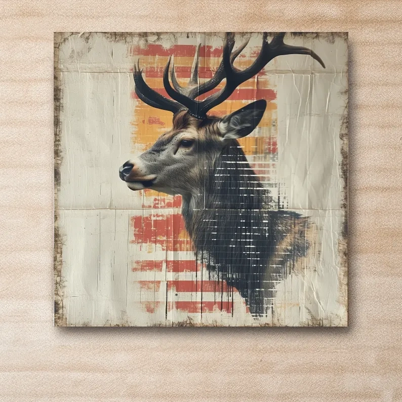 Deer head artwork, collage style art on textured paper