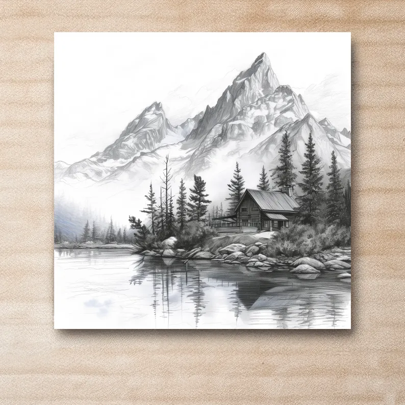 Lead pencil drawing of a cabin by an alpine lake beneath a glacier, mountain art
