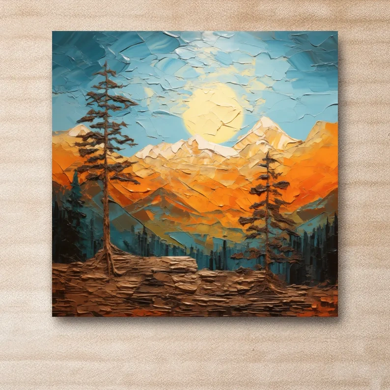 Mountains at sunset artwork print, thick impasto textured oil painting effect