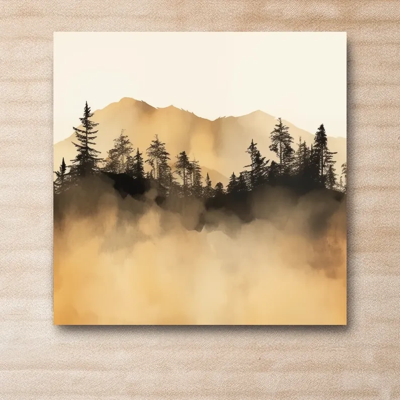 Misty mountain forest artwork, sepia watercolor style canvas painting