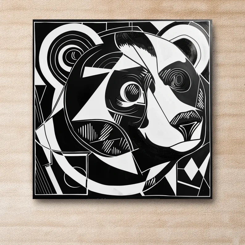 Cubism style abstract painting of a black bear, modern wall art