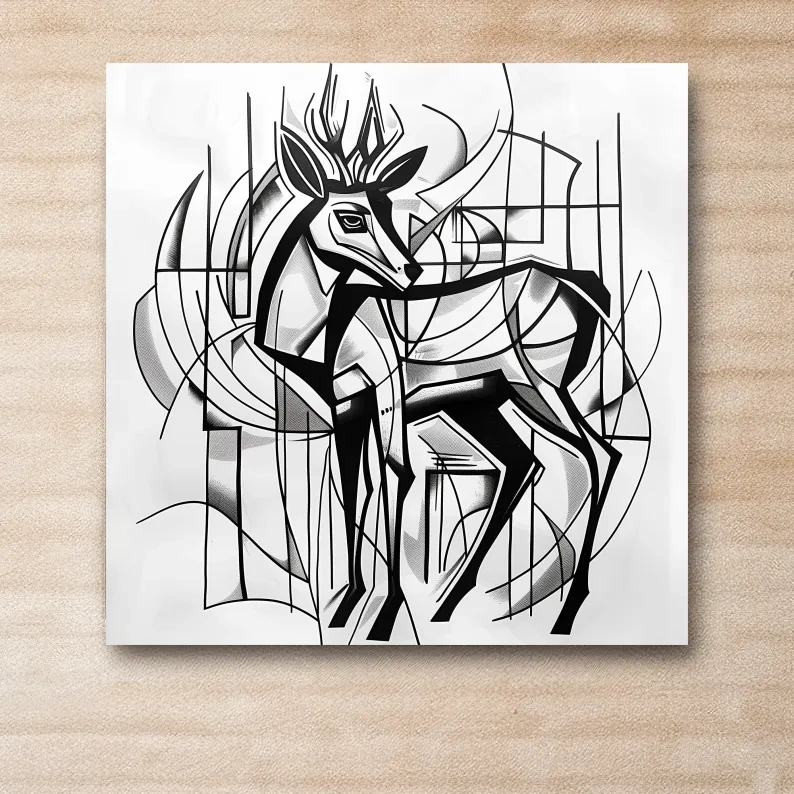 Abstract artwork, geometric deer painting, cubism line art