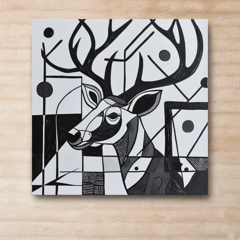 Abstract painting, black & white deer head and antlers artwork
