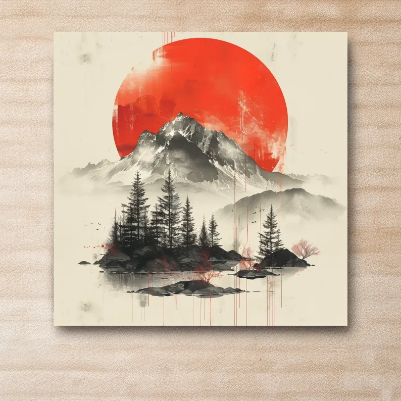 Japandi style minimalist artwork, sunset over a mountain glacier