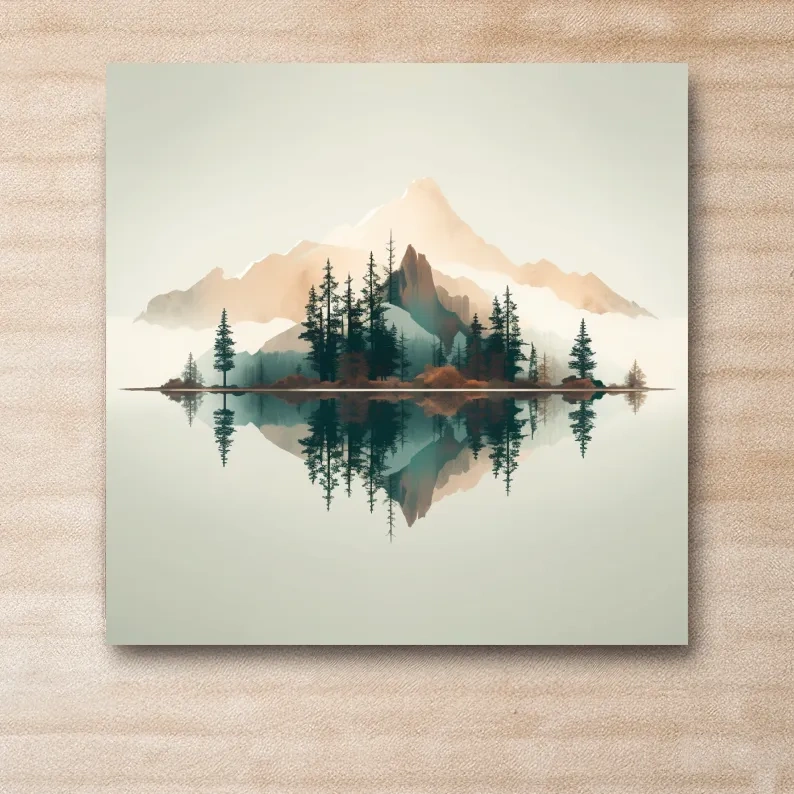 Minimalist Watercolor Mountain Lake Reflection - Serene Pine Forest Landscape Wall Art
