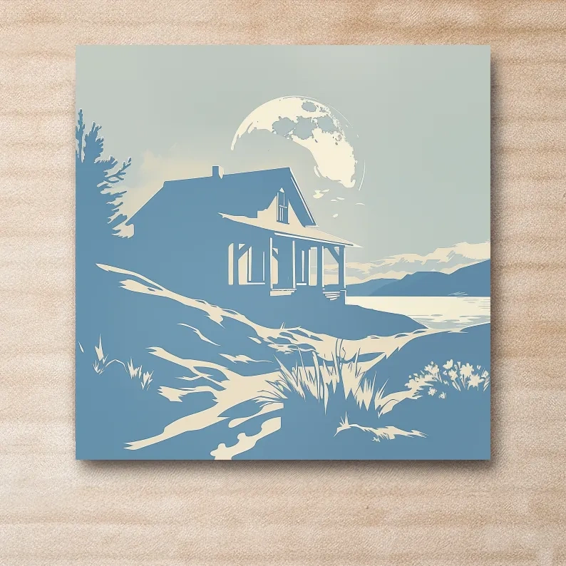 Lakeside cabin on a moonlit night, minimal vector wall artwork
