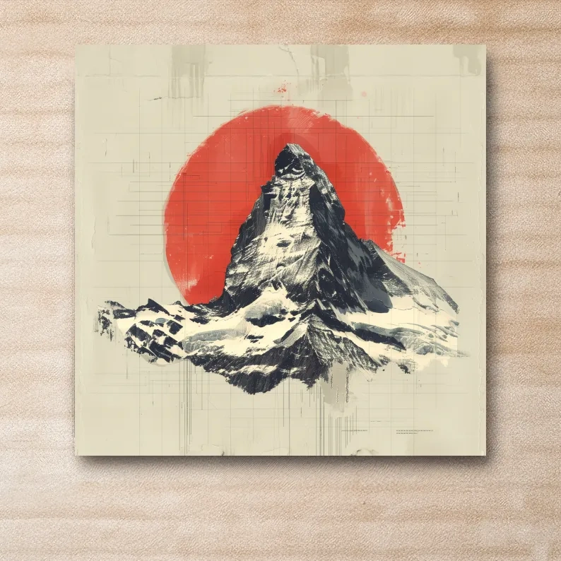 Matterhorn at sunset drawing, Swiss Alps, Japandi style illustration mountain artwork
