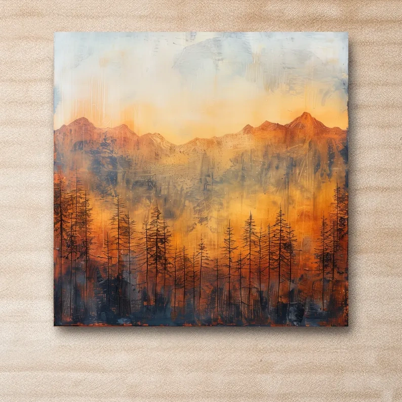 Moody Abstract Mountain Sunrise With Silhouetted Pine Forest - Textured Landscape Painting