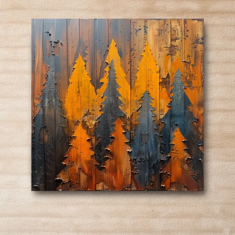 Textured Autumn Pine Forest Silhouettes - Rustic Painted Wood Wall Art