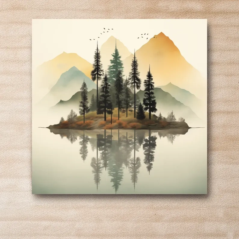 Misty Pine Forest Island Reflection - Minimalist Mountain Lake Wall Art