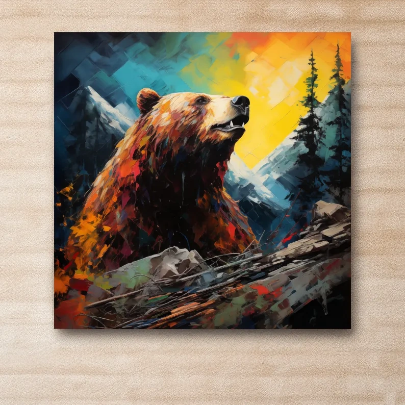Colourful painting of a grizzly bear in the mountains