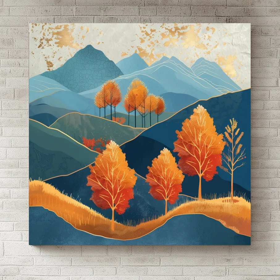 Autumn Aspen Trees In Layered Blue Mountains - Modern Gold Leaf Style Wall Art