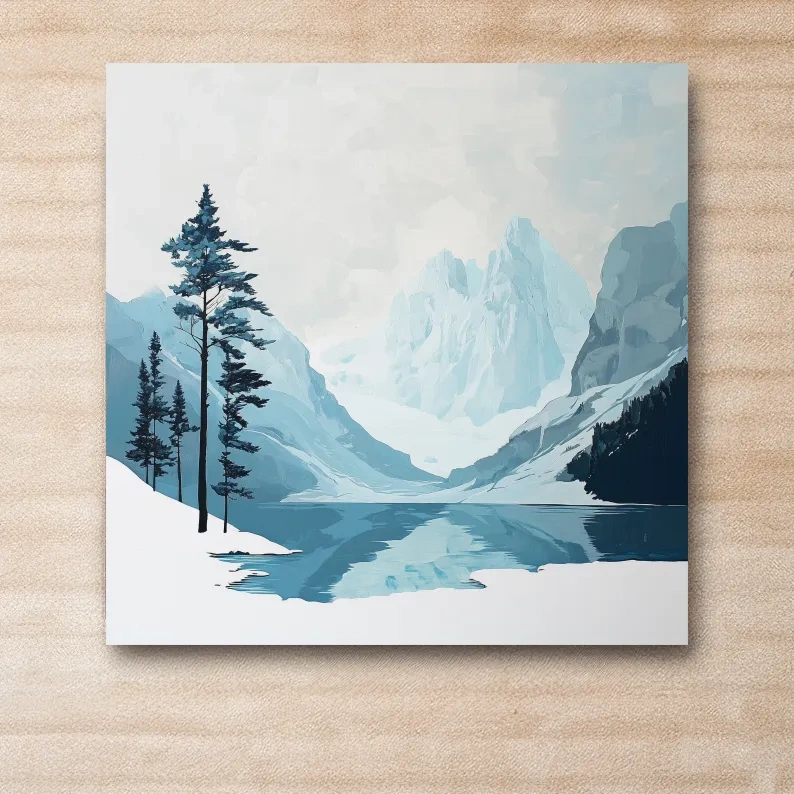 Minimalist glacial mountain scene wall art, serene landscapes, painterly effect