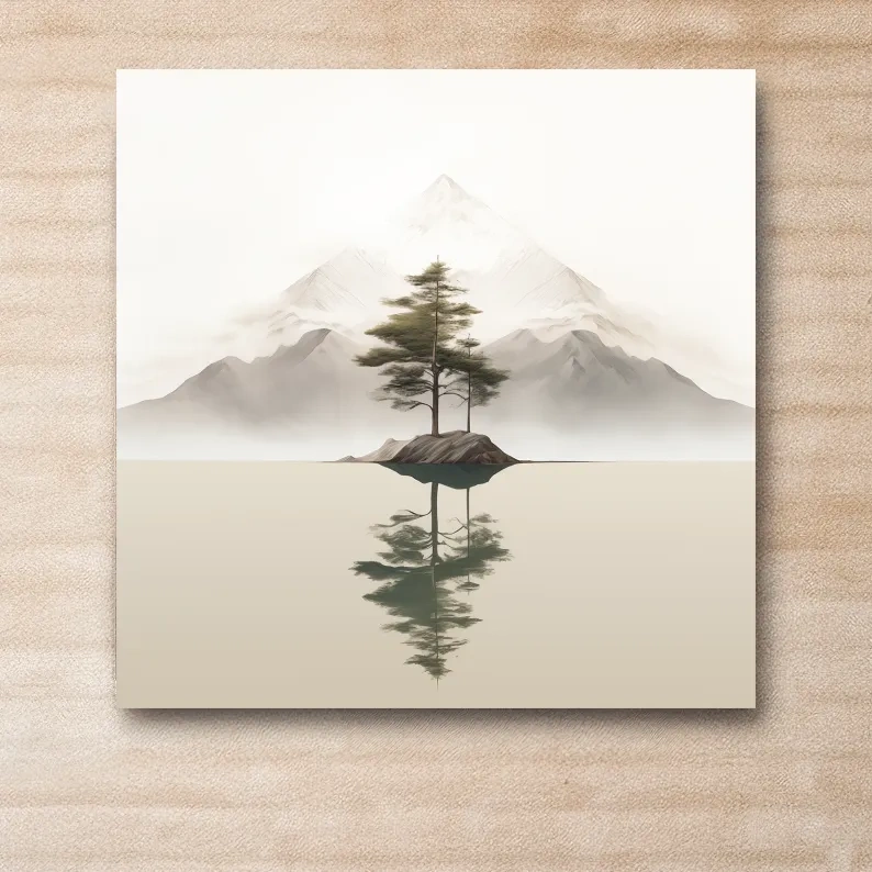 Minimalist Misty Lake Landscape Artwork - Serene Zen Pine Tree Reflection Art