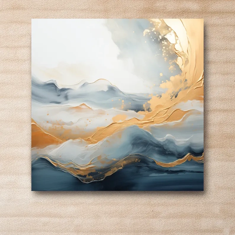Swirling gold painting of abstract mountains and clouds