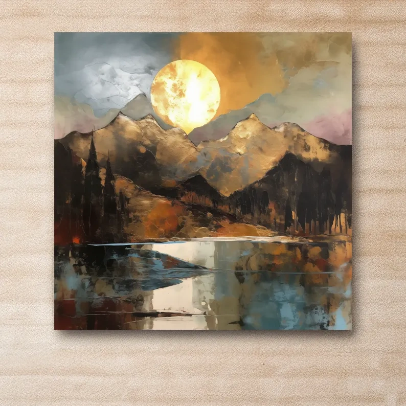 Golden mountain sunset artwork, gold leaf textured style landscape wallart