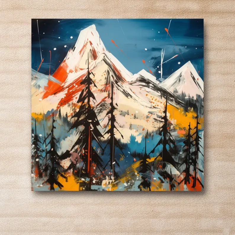Mountain sunset artwork, vivid abstract colors with splattered paint effect