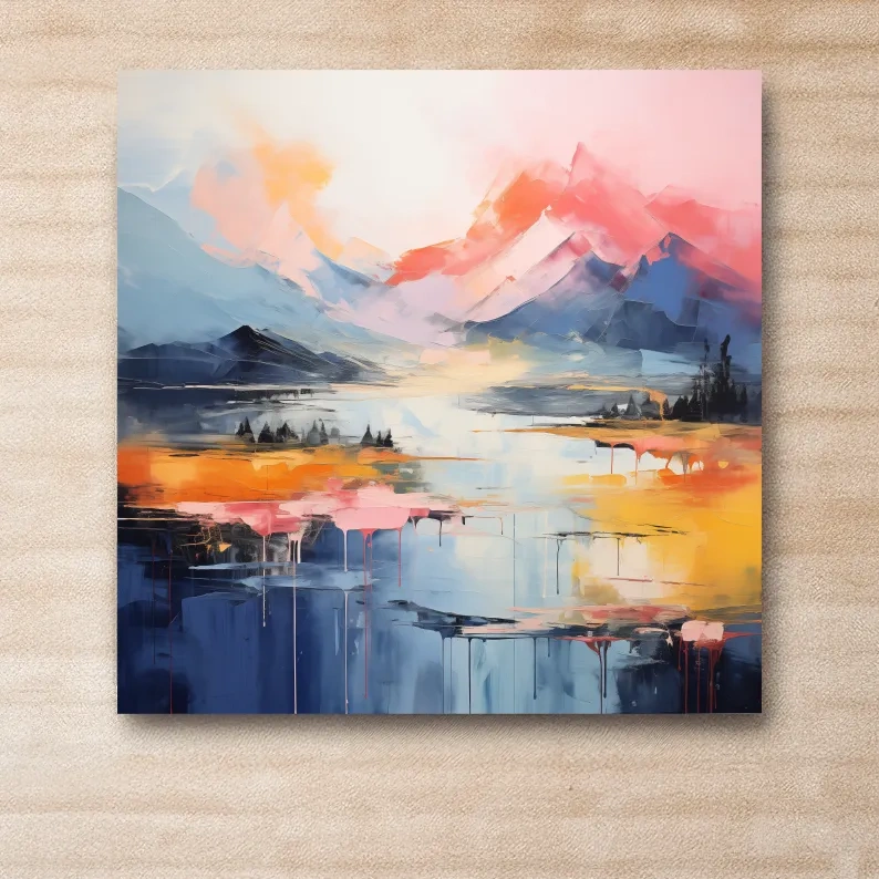 Vibrant Abstract Mountain Lake Sunset Painting - Colorful Modern Landscape Wall Art