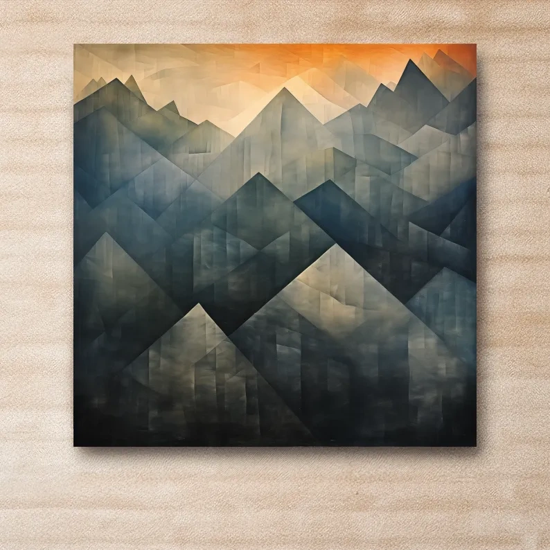 Abstract geometric mountain wall art, gradient shades with warm sunset sky