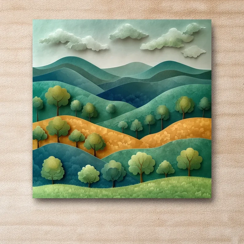 Rolling hills and trees 3d artwork, layered paper quilling effect