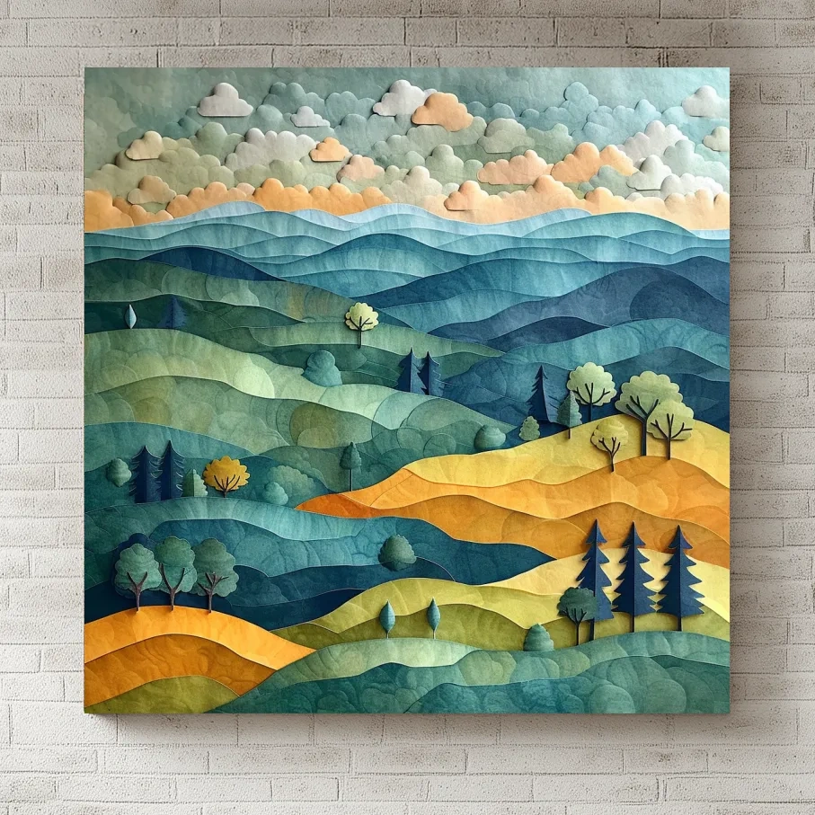 Layered Paper Cut Mountain Landscape - Mixed Media Forest Wall Art