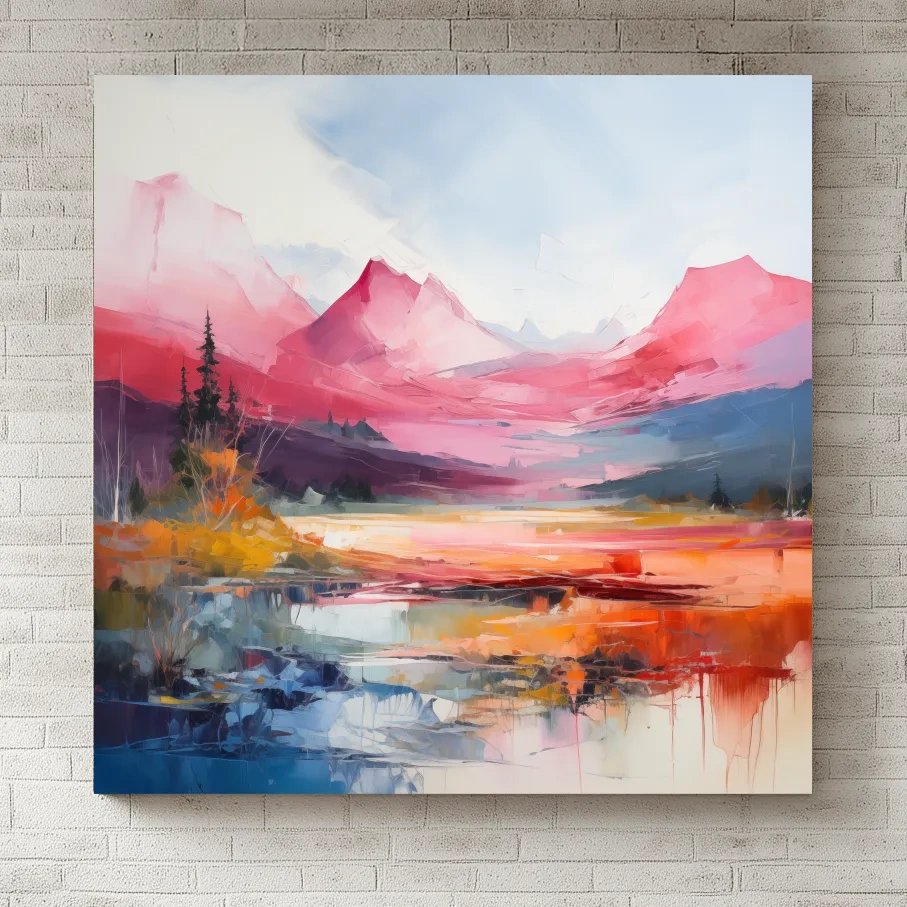 Vibrant Abstract Impressionist Alpine Lake Sunset Painting - Colorful Mountain Wall Art
