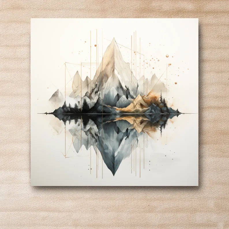 Geometric Watercolor Mountain Reflection Landscape - Modern Minimalist Wall Art