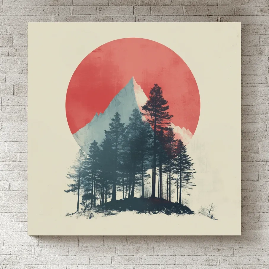 Minimalist Mountain Peak Pine Forest - Scandinavian Sunset Landscape Wall Art