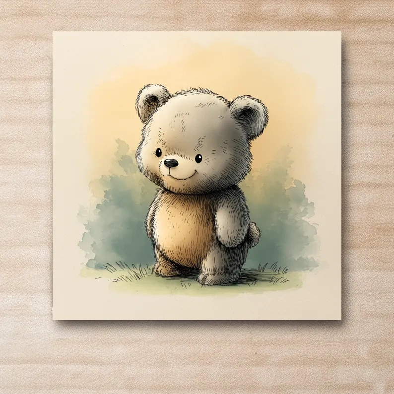 Cute Watercolor Teddy Bear Illustration - Whimsical Nursery Animal Wall Art