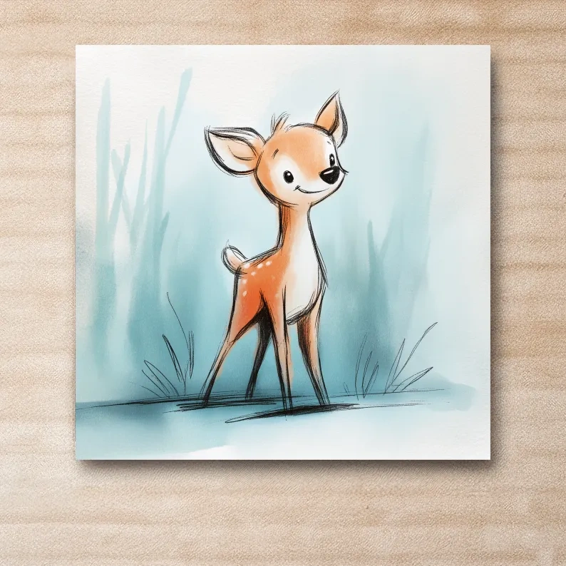 Cute Baby Deer Watercolor Illustration - Whimsical Woodland Nursery Wall Art
