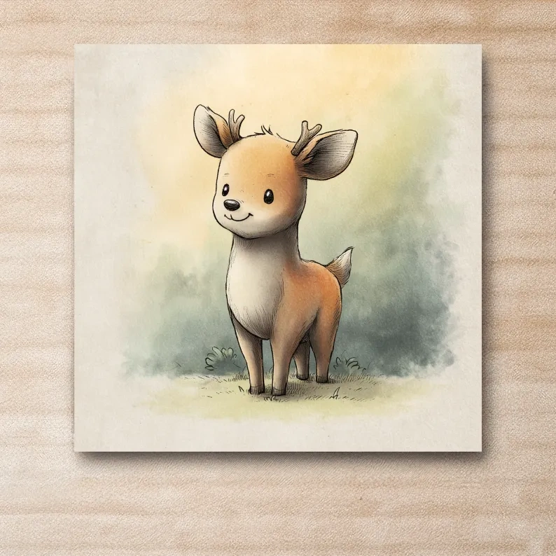 Cute Baby Deer Watercolor Illustration - Whimsical Woodland Nursery Wall Art