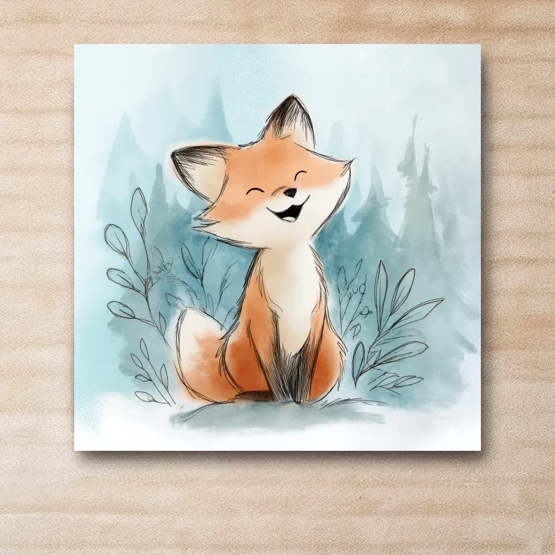 Whimsical Watercolor Fox Cub Illustration - Cute Woodland Nursery Wall Art