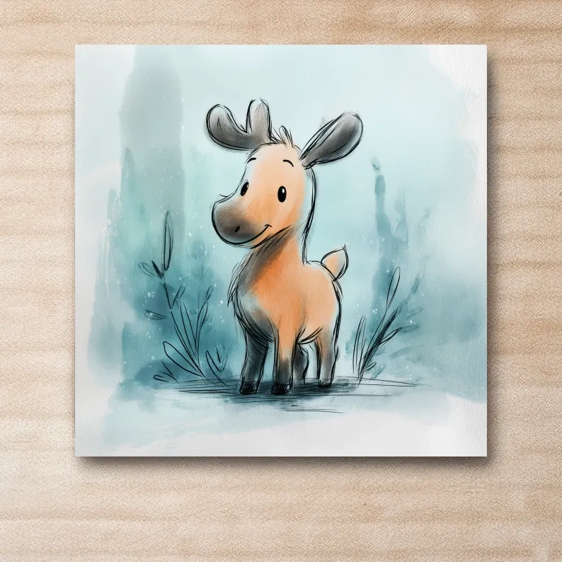 Cute Baby Moose Watercolor Illustration - Whimsical Nursery Wildlife Wall Art