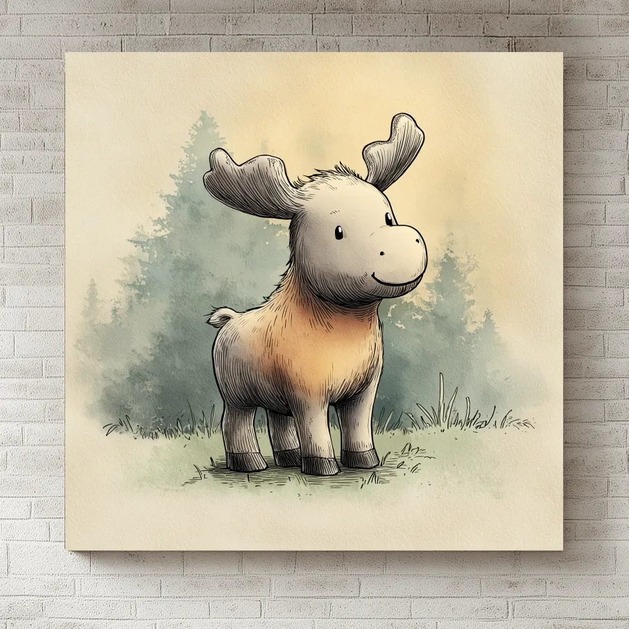 Cute Baby Moose Watercolor Illustration - Woodland Nursery Animal Wall Art