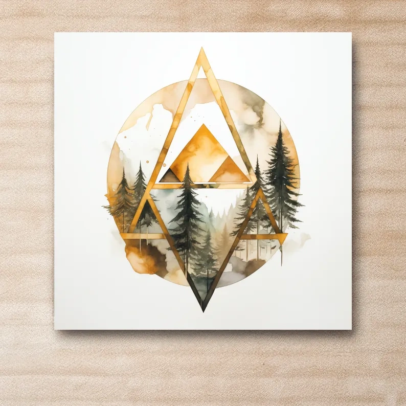 Rustic Elegant Watercolor Mountain Pine Forest - Abstract Golden Geometric Nature Wall Art