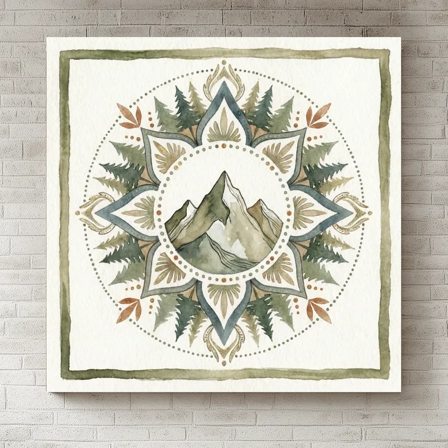 Mountain Mandala Watercolor - Boho Botanical Nature Wall Art