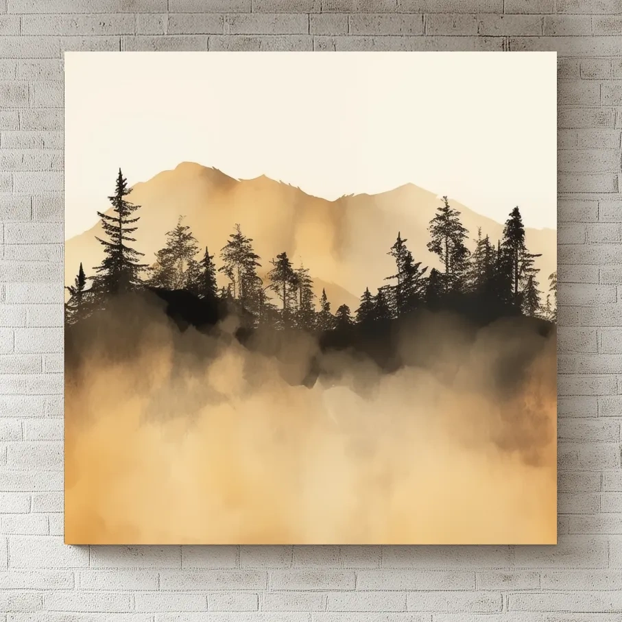 Misty Golden Mountain Pine Forest - Sepia Watercolor Landscape Wall Art