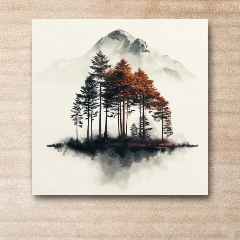 Misty Mountain Pine Forest Watercolor - Autumn Landscape Wall Art