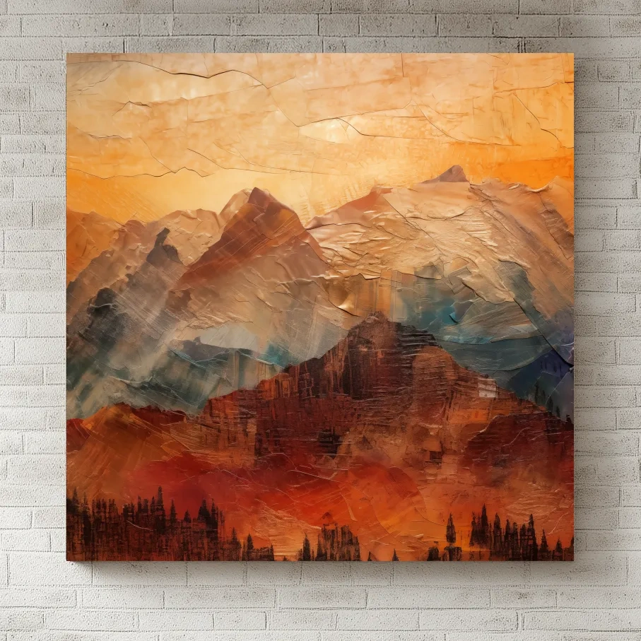 Impasto Style Abstract Mountain Range Sunset - Warm Rustic Landscape Wall Art