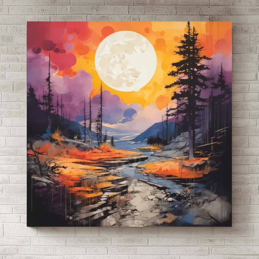Vibrant River Valley Landscape Illustration - Abstract Sunset Forest Wall Art