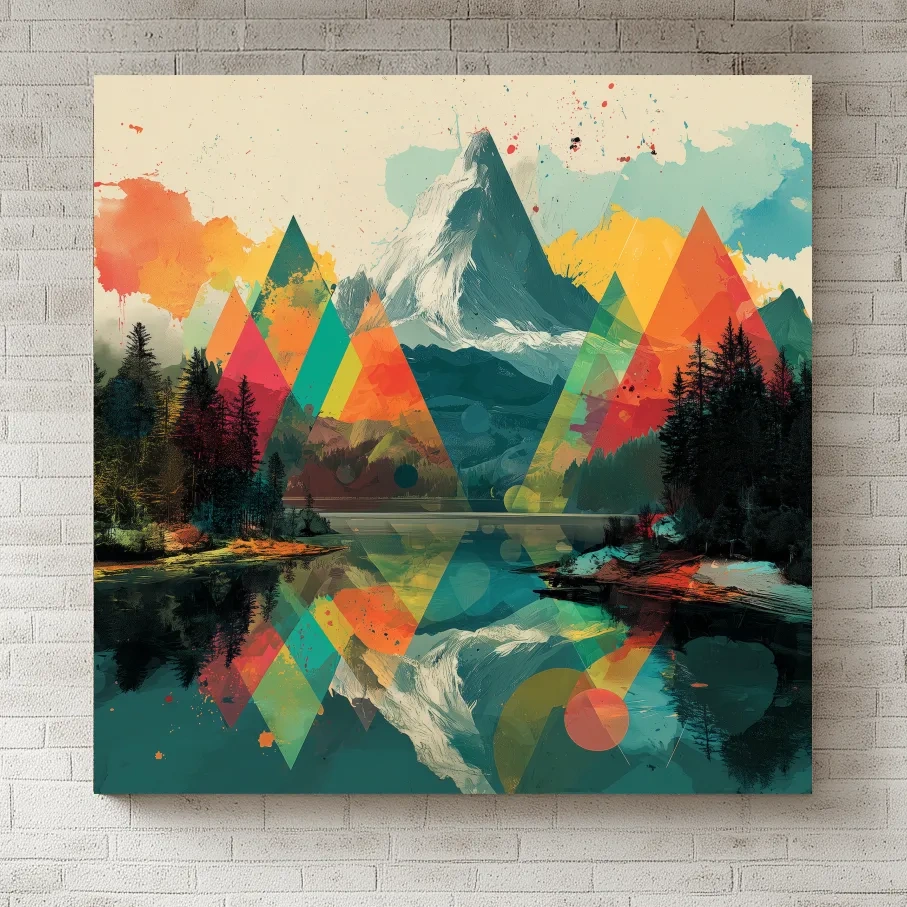 Vibrant Abstract Mountain Lake Collage Art - Colorful Alpine Wall Art