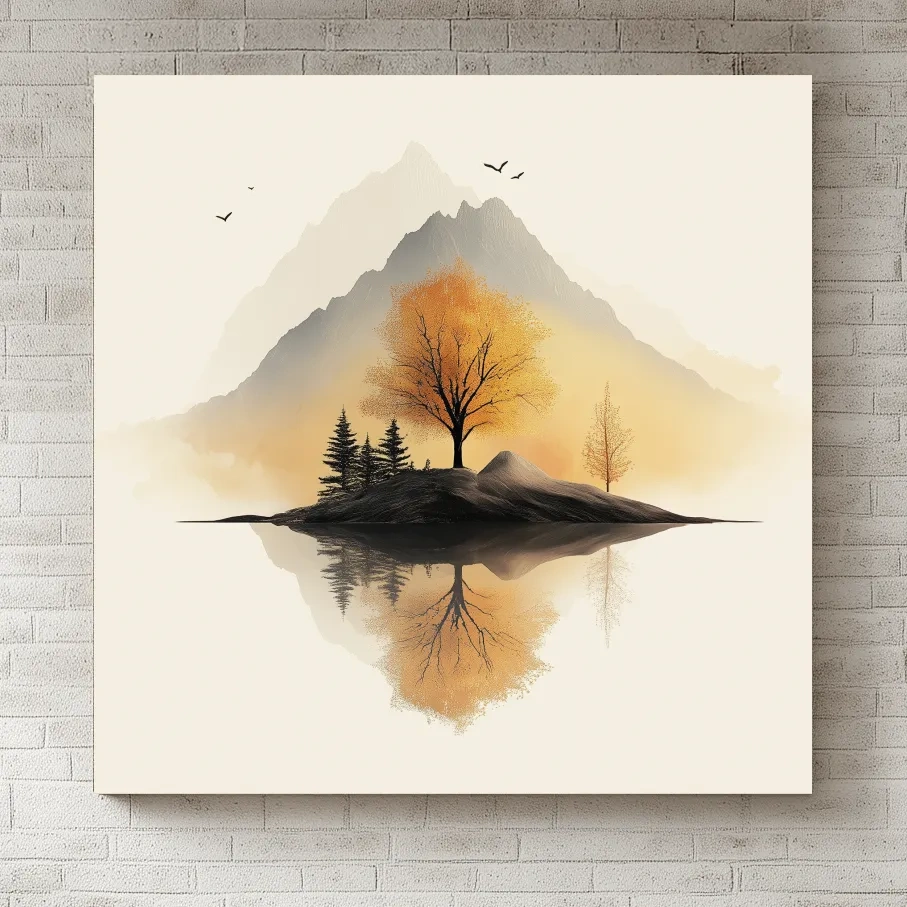 Minimalist Misty Mountain Lake Illustration - Serene Autumn Tree Landscape Wall Art