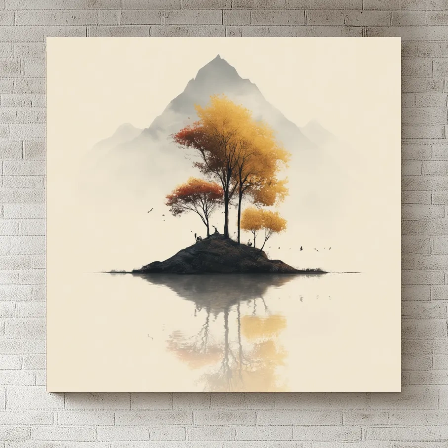 Minimalist Autumn Trees On Misty Lake Island - Serene Mountain Landscape Wall Art