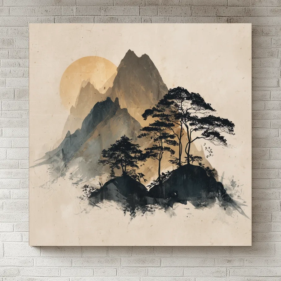 Zen Ink Wash Mountain Sunrise - Minimalist Japanese Pine Landscape Wall Art