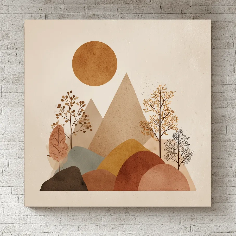 Minimalist Scandi Mountain Sunset Landscape - Boho Neutral Earth Tone Wall Art