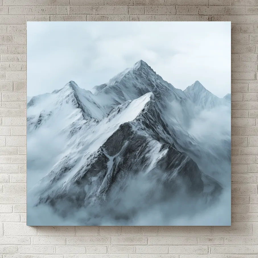 Misty Snowcapped Alpine Peak Landscape - Monochrome Photographic Mountain Wall Art