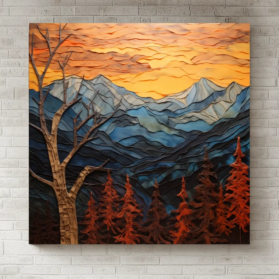 Layered Paper Cut Alpine Mountain Sunset - Mixed Media 3D Landscape Wall Art